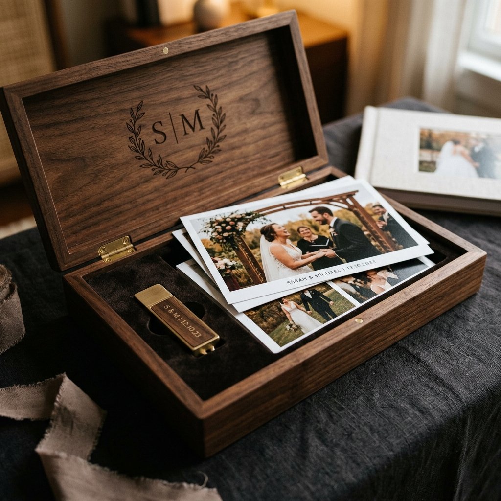 Cofre de madera y fotografías impresas